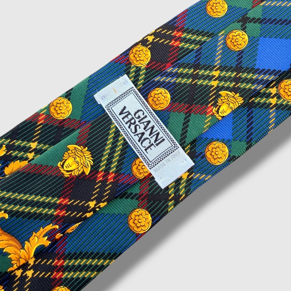 Gianni‎ Versace Tie Mens OS Green Blue Tartan Plaid Baroque Medusa Silk Italy